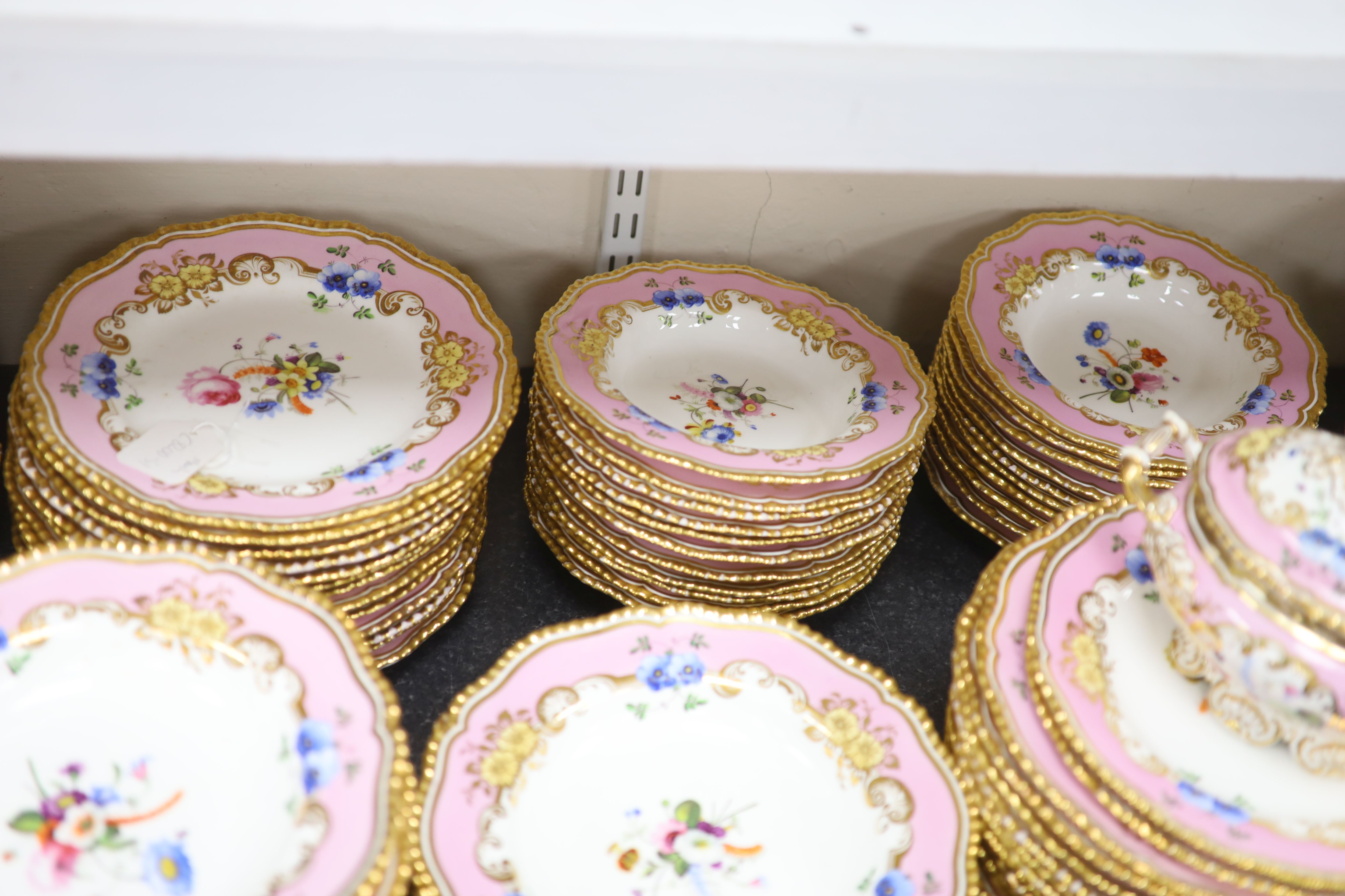 An extensive one hundred and thirteen piece English porcelain dinner and dessert service, c.1825-30,